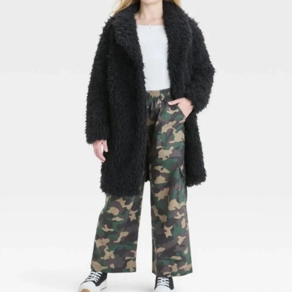 Art Class Kids Black Shaggy Faux Fur Notched‎ Lapel Mid Length Coat Size S 6/7